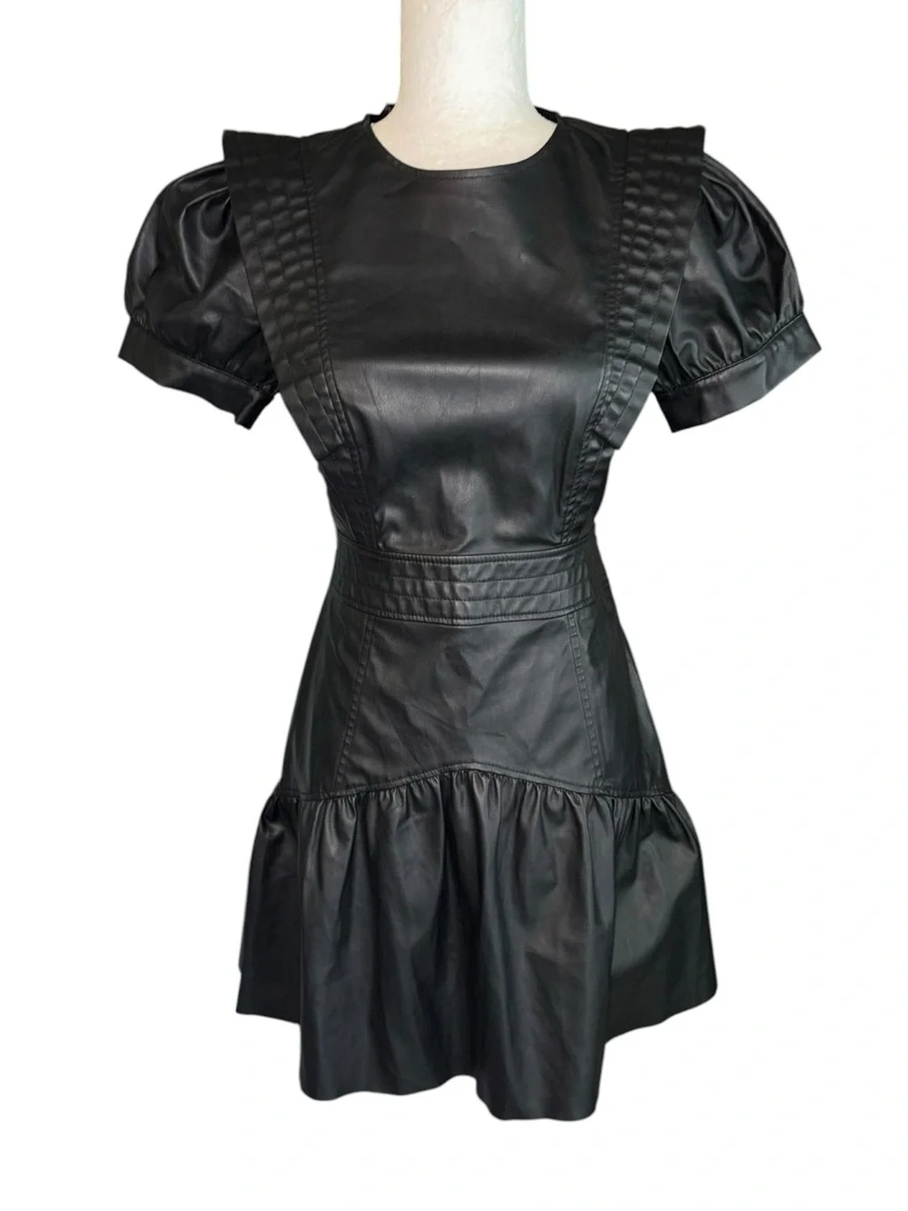 LN Zara Black Faux Leather Puff Sleeve Flared Mini Dress - XS